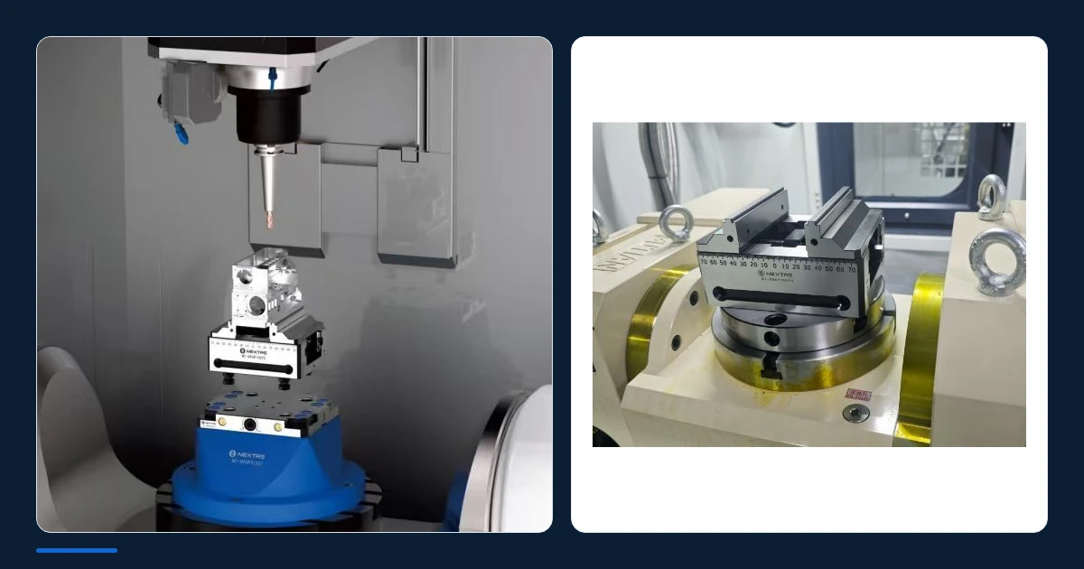 A five-axis vise and workpiece on a blue rotary unit beside a second vise installation on a round rotary interface.