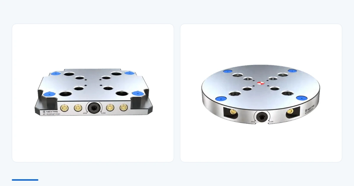 Square and round manual combination zero-point plates shown side by side.
