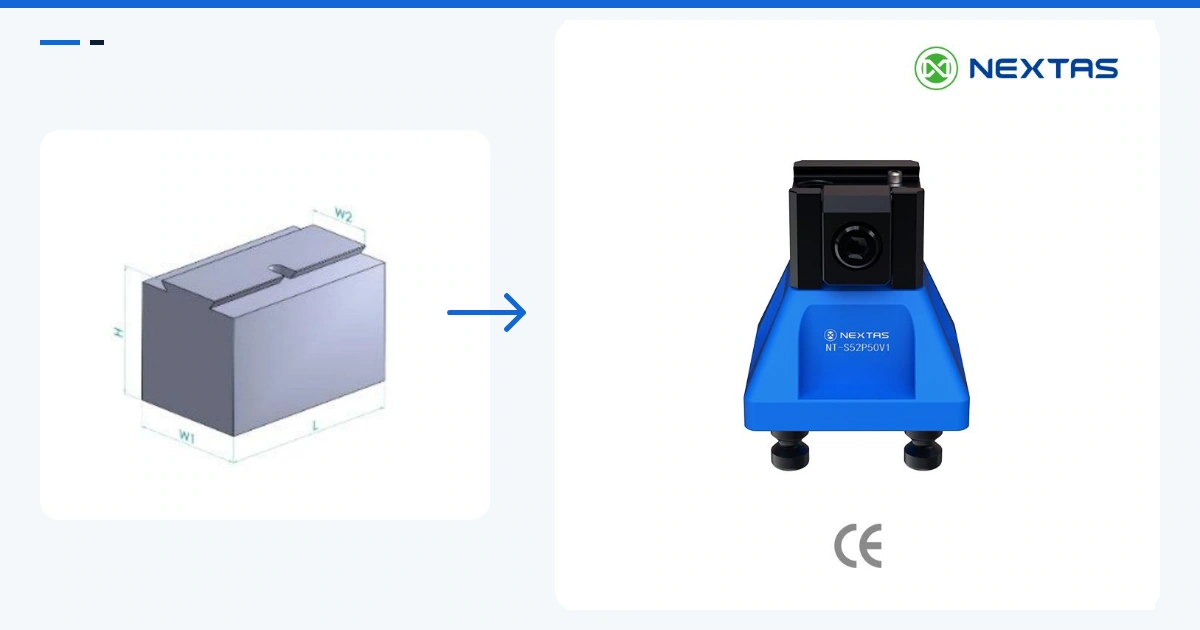 A blue dovetail fixture beside the catalogue reference drawing of a prepared dovetail blank.