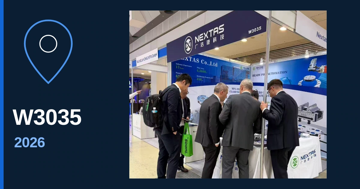 Visitors at the NEXTAS W3035 booth, beside a location-pin graphic and the booth code.
