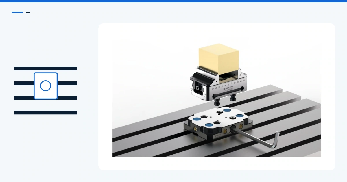 A vise lifted above a plate on a T-slot table, beside an abstract table-slot graphic.