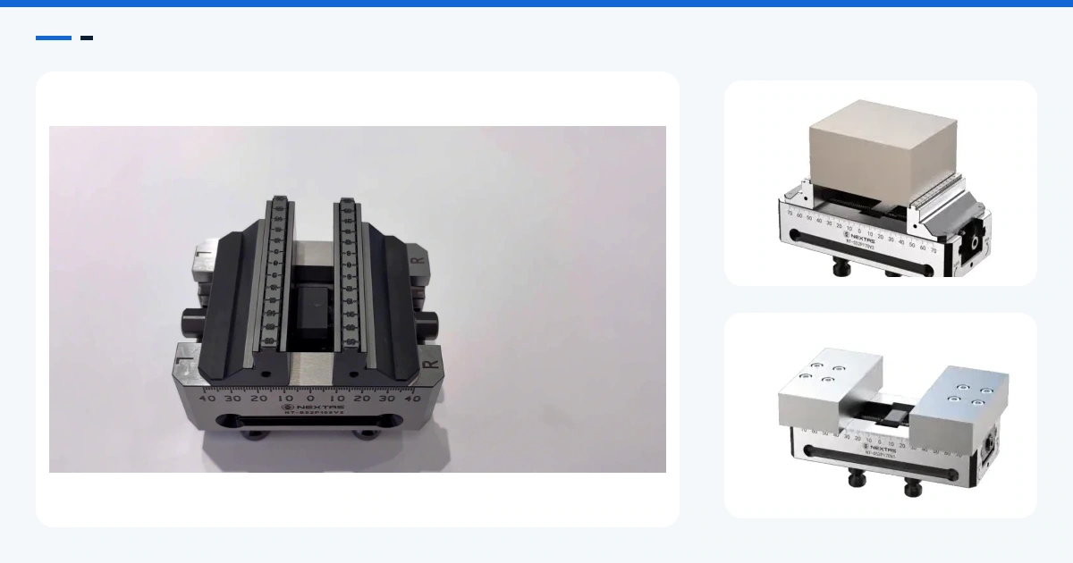 A top-view vise photograph beside separate catalogue close-ups of hard-jaw and soft-jaw setups.
