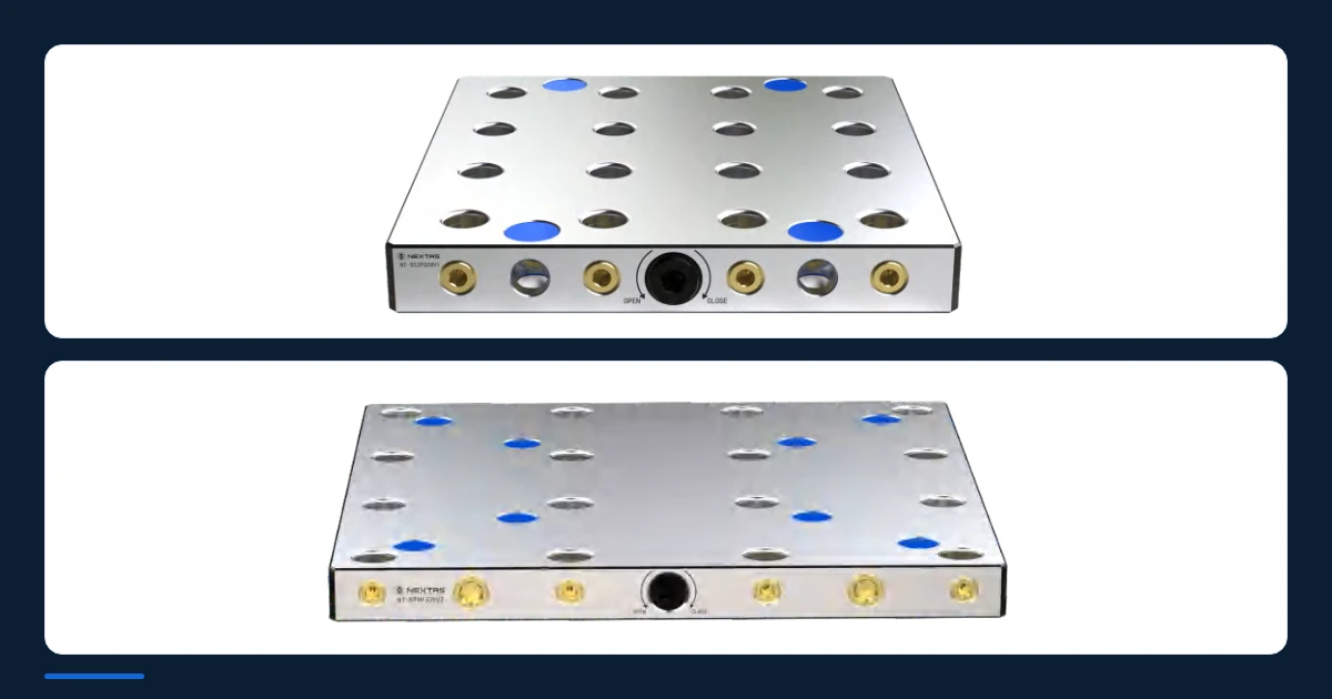 Two rectangular four-station manual zero-point plates shown as separate catalogue product views.