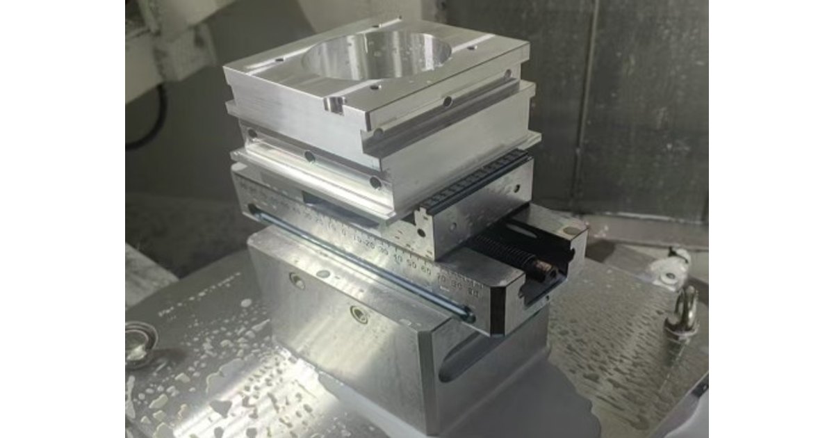 Pocketed workpiece clamped in a self-centering vise inside a machining center