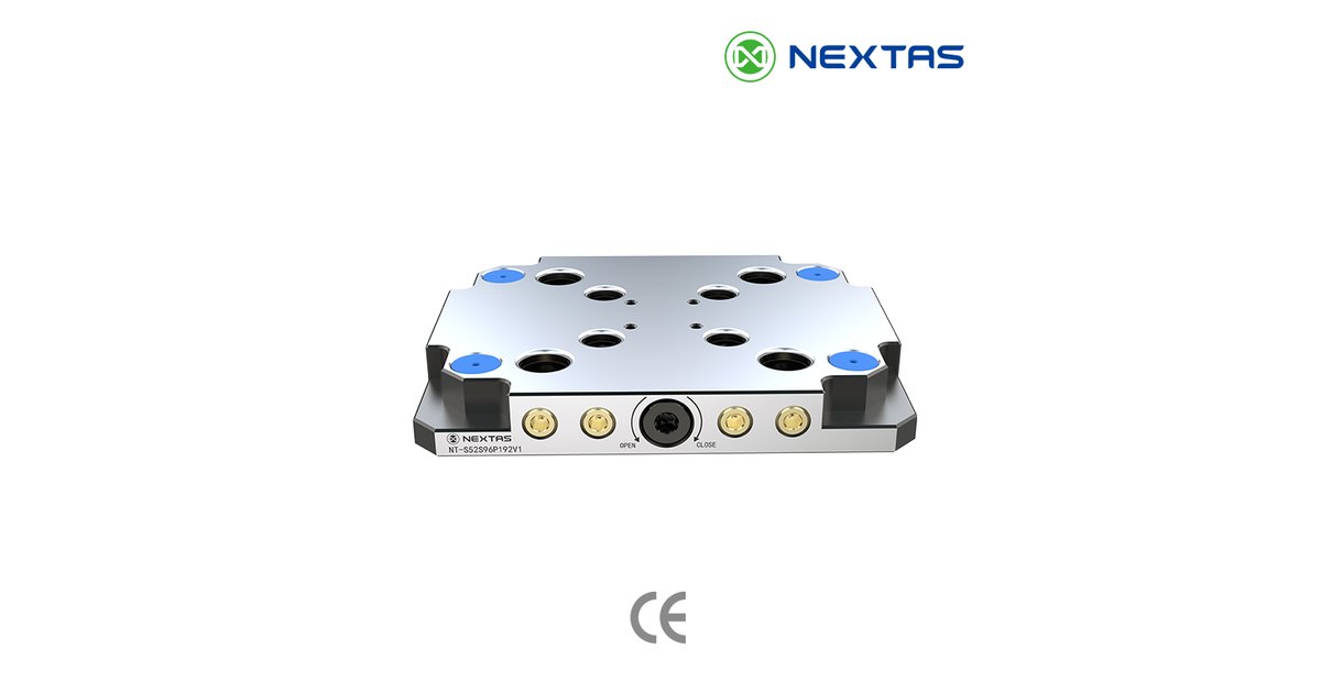 Square NEXTAS manual zero-point clamping plate with extra bores and a front open-close control